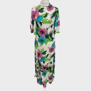 Vintage 60s 70s Bright Multicolor Floral Dramatic Sleeve Maxi Dress Small